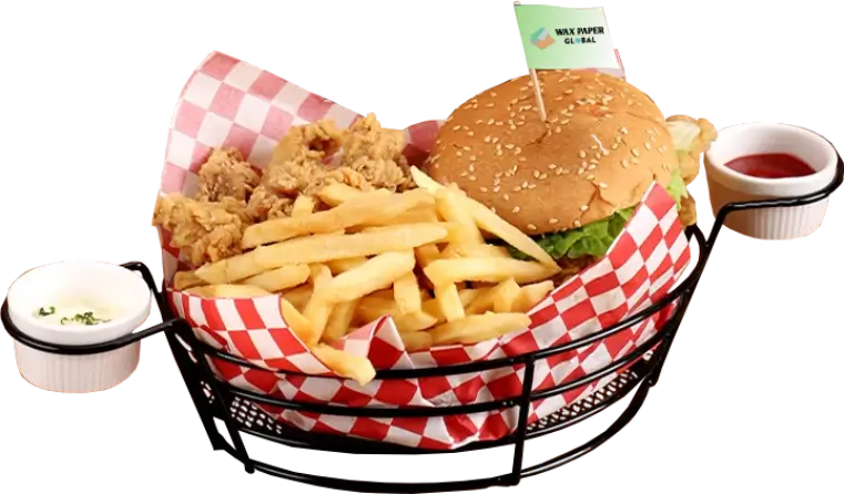 Custom printed food basket liner paper with a vibrant red color and grid pattern, lined in a fast food basket that includes burgers, fries, and fried chicken