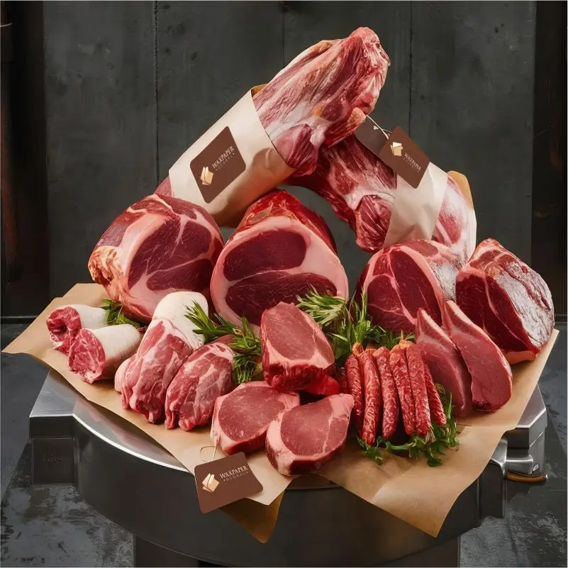 Assortment of fresh raw meat cuts, including steaks, roasts, and sausages, displayed on custom butcher paper featuring the Wax Paper Global logo