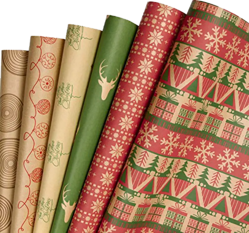 A collection of custom-printed butcher paper sheets in colorful designs with various festive patterns