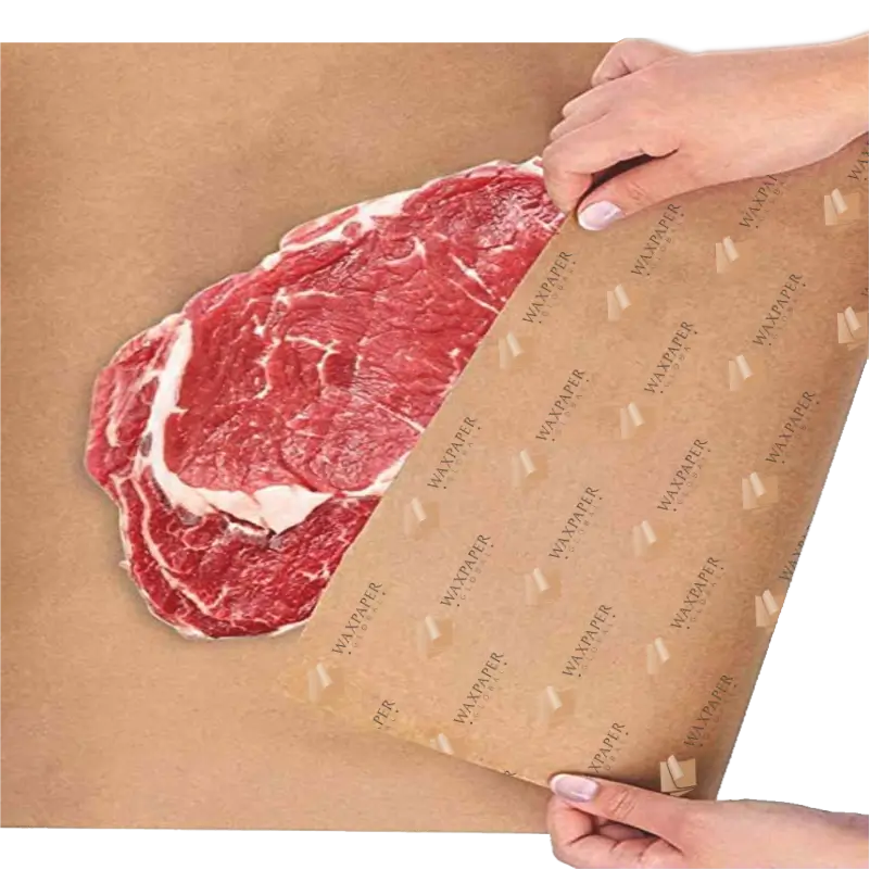 Raw steak being wrapped in custom-printed butcher paper featuring the Wax Paper Global logo on a brown wax paper design