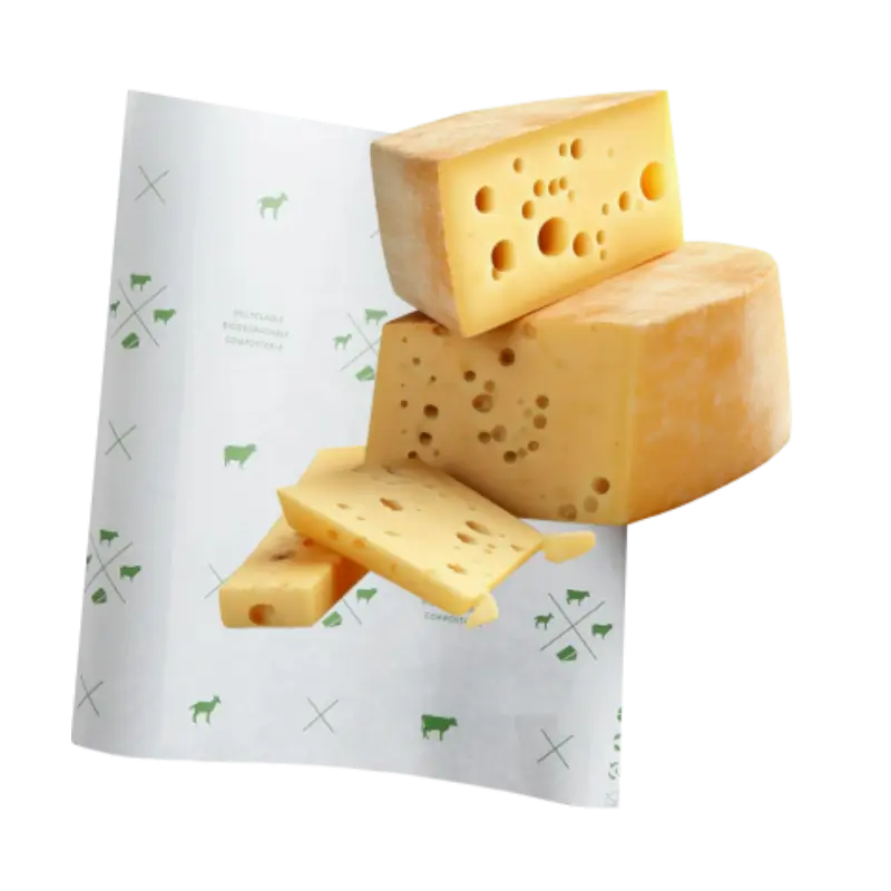 Custom printed cheese paper with a piece of cheese on top, showcasing a personalized design for food wrapping