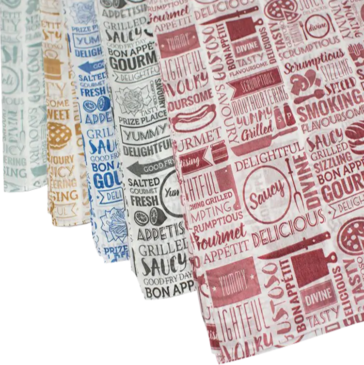 Colorful custom-printed deli paper sheets with food-themed designs and text, featuring red, blue, and gold pattern