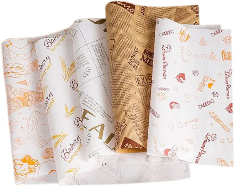 Assorted custom-printed food paper sheets with bakery and creative designs for food wrapping and packaging