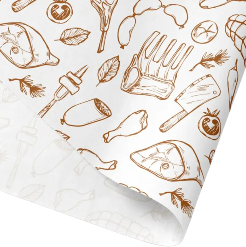 Custom-printed food paper featuring hand-drawn meat and kitchen utensil illustrations, designed for stylish food packaging or serving