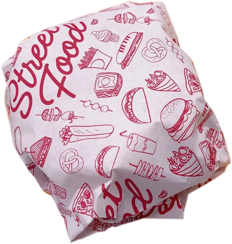 Custom printed food paper featuring a variety of food item designs, used for wrapping street food, ensuring freshness and presentation