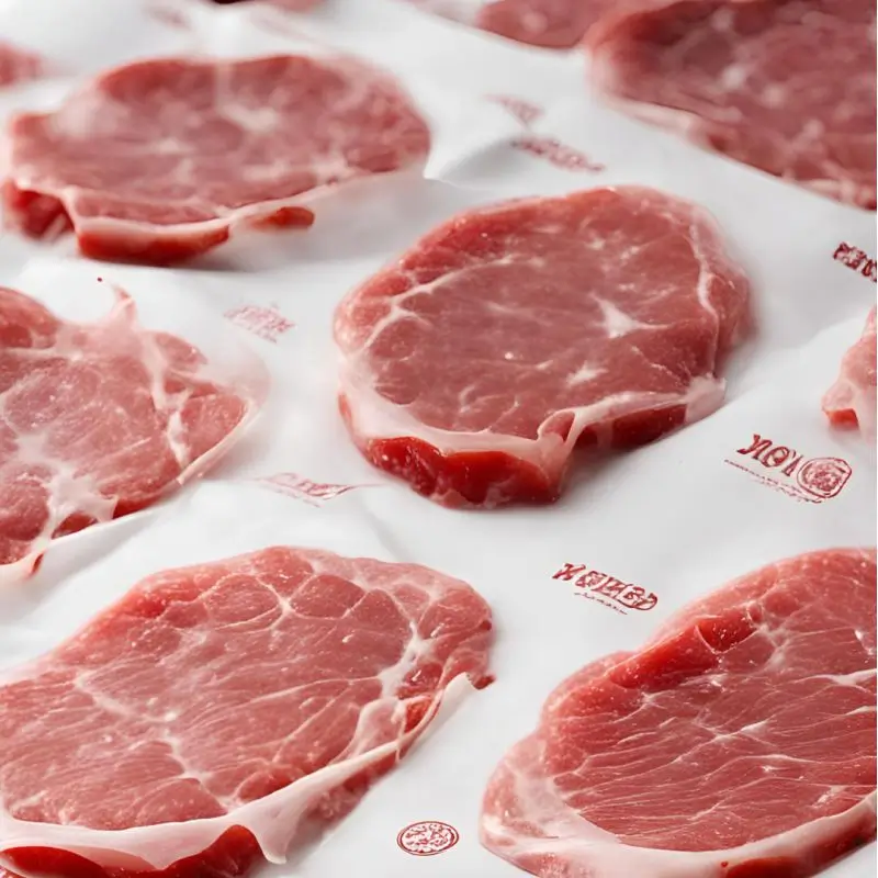 Raw meat slices on custom printed freezer paper, featuring food-safe, branded packaging for meat storage and preservation