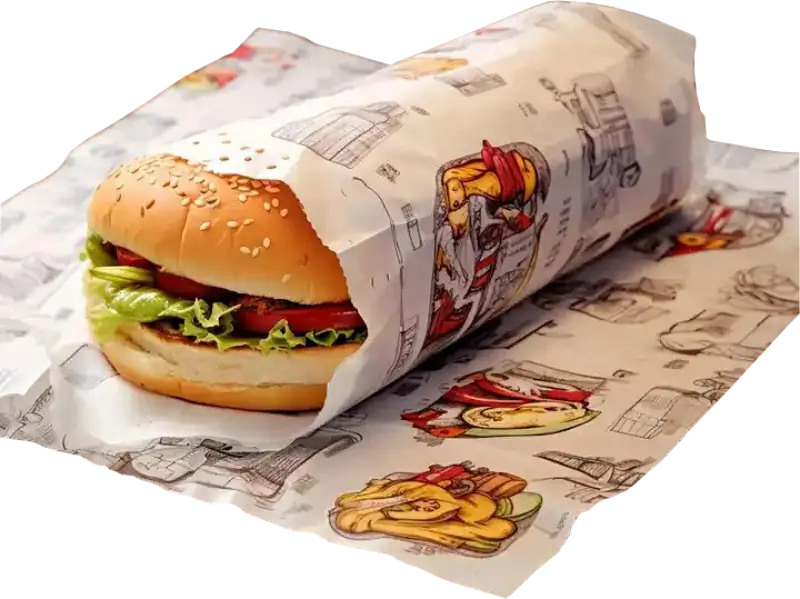 A sub sandwich wrapped in custom-printed greaseproof paper featuring colorful illustrations of food