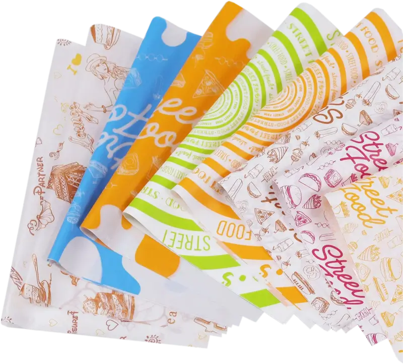 Assorted custom hot paper sheets featuring vibrant colors and street food-inspired designs, ideal for wrapping and serving hot food