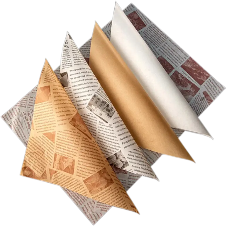 Assorted custom hot paper sheets featuring vintage newspaper and plain designs, perfect for wrapping and serving food