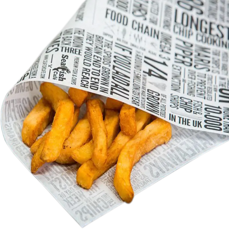 Crispy golden fries wrapped in custom-printed hot paper featuring text-based designs