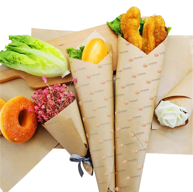 Variety of items including lettuce, donuts, flowers, and fried chicken wrapped in custom-printed kraft paper featuring the Wax Paper Global logo