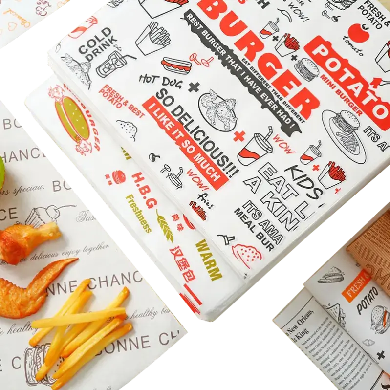 Fries and chicken wings on custom-printed parchment paper sheets with vibrant food-themed designs