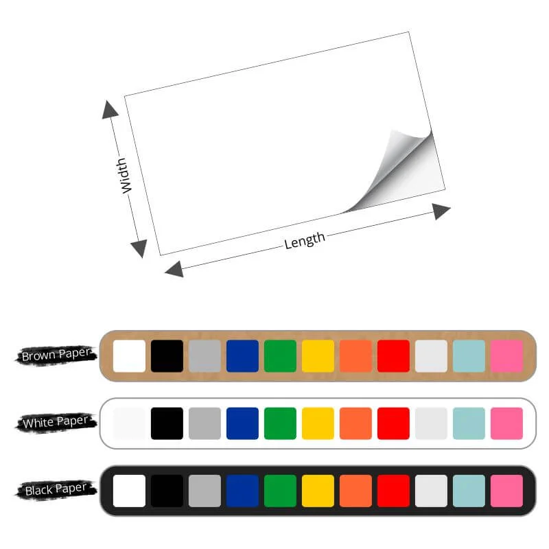 Infographic illustrating the length and width of custom printed wax paper, showing different color options: white, brown, and black