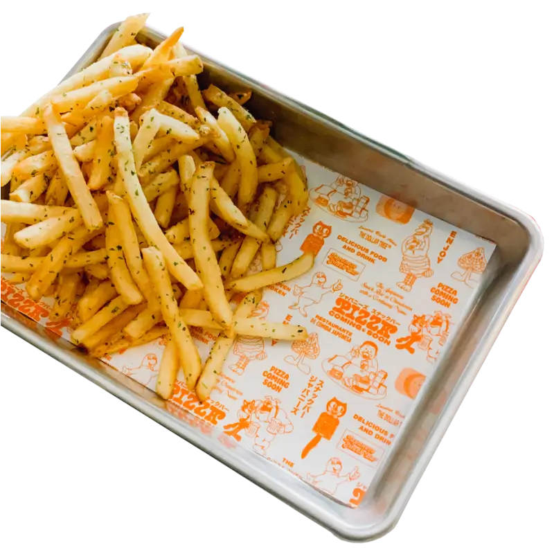 Custom printed parchment paper with fries placed in a tray