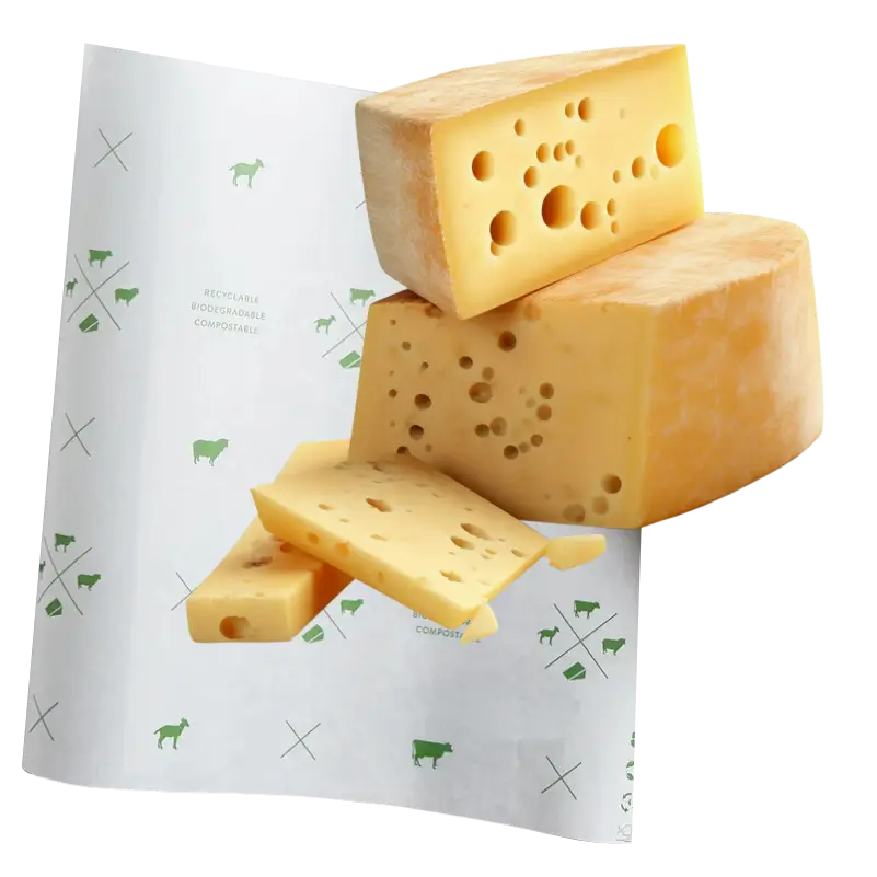 Custom printed cheese paper with a piece of cheese on top, showcasing a personalized design for food wrapping