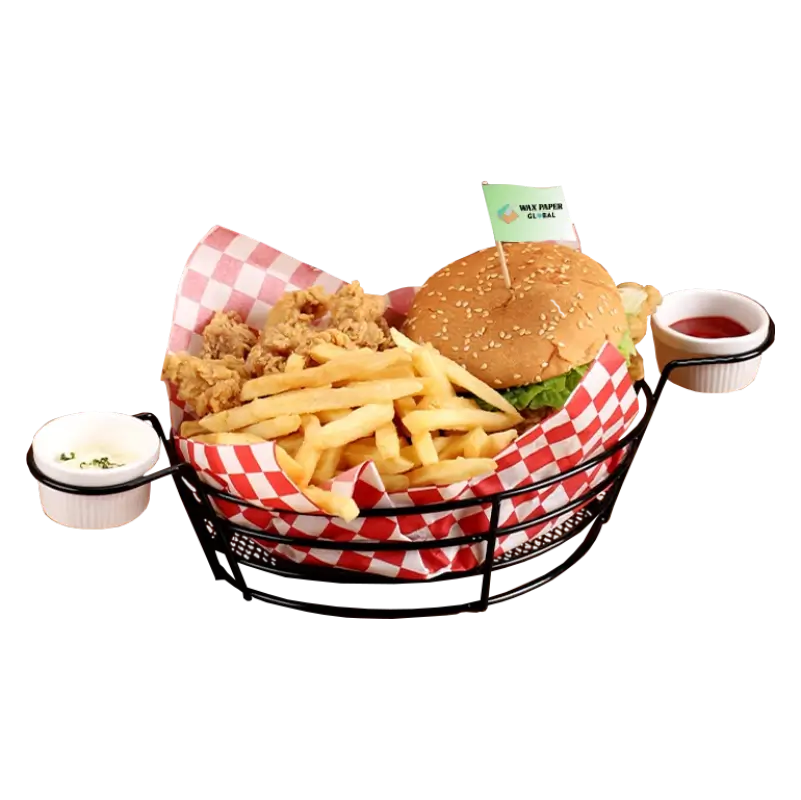 Custom printed food basket liner paper with a vibrant red color and grid pattern, lined in a fast food basket that includes burgers, fries, and fried chicken