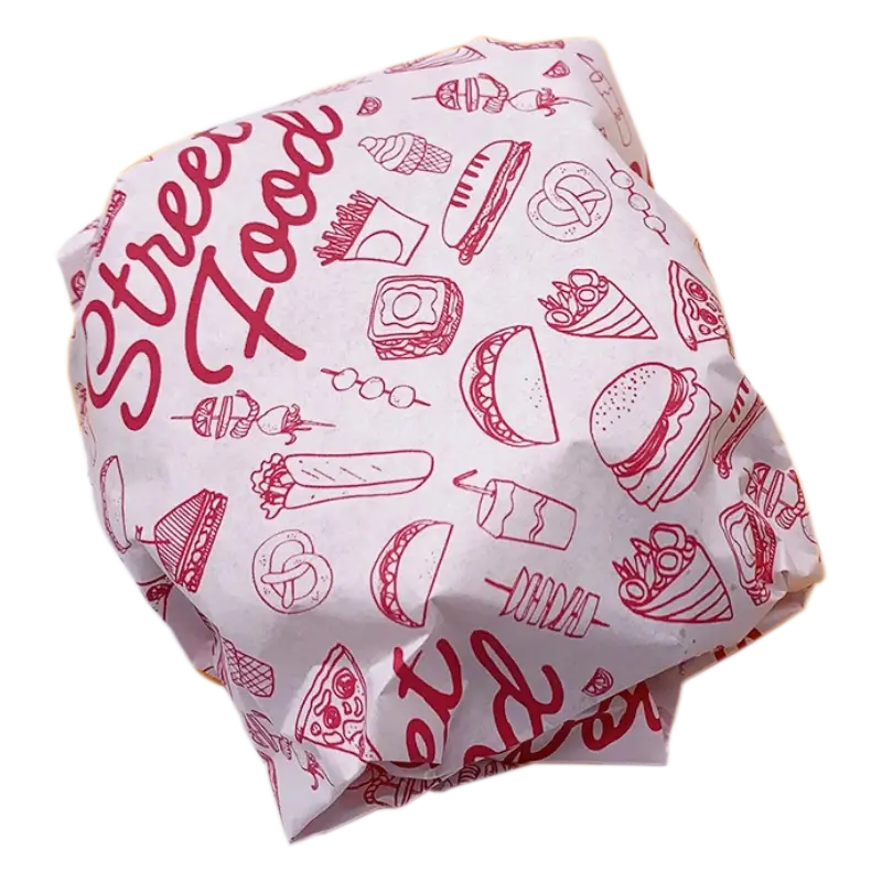 Custom printed food paper featuring a variety of food item designs, used for wrapping street food, ensuring freshness and presentation