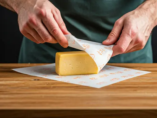 wrapping a block of cheese in custom-printed cheese paper on a wooden countertop, showcasing premium food packaging for freshness and presentation