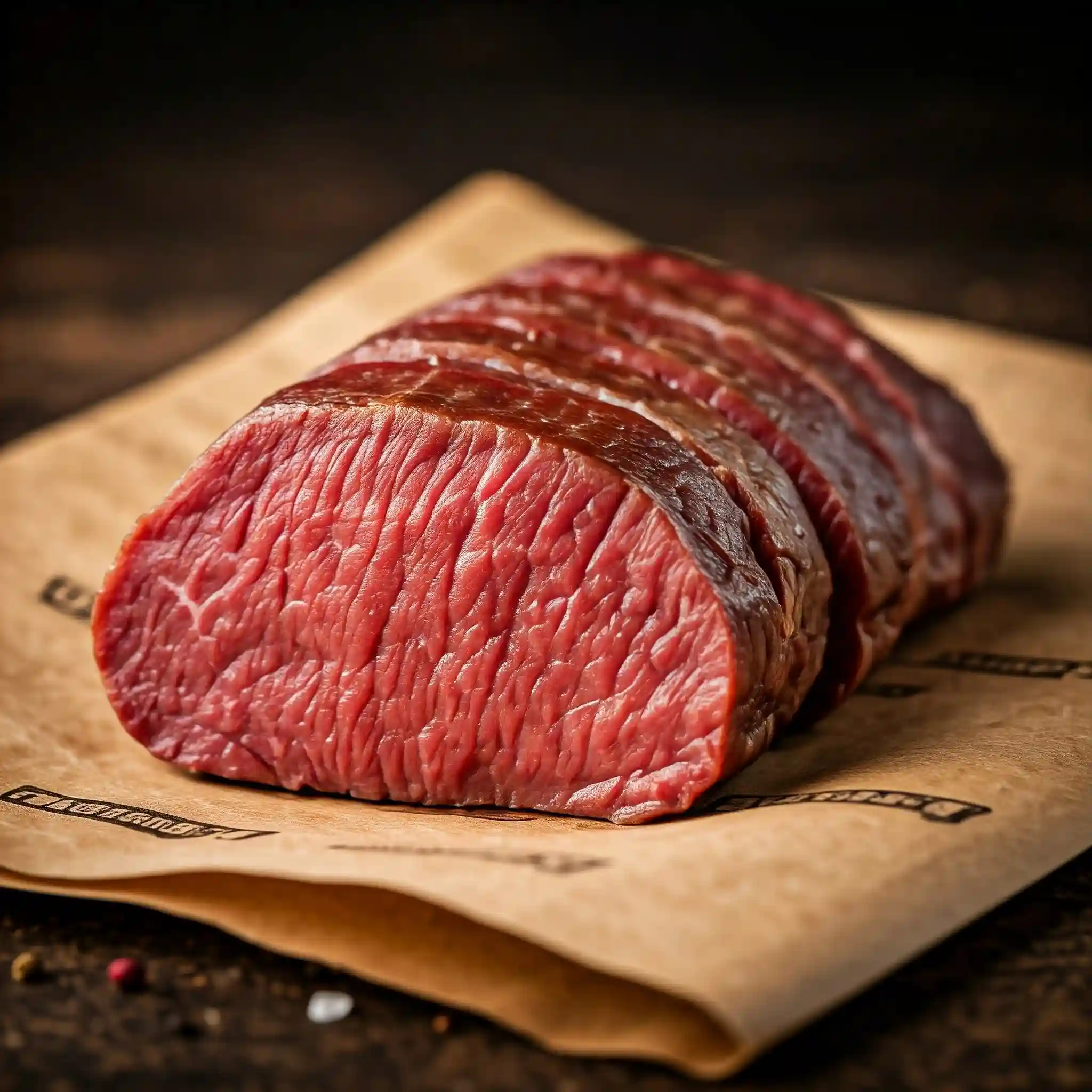 Freshly sliced raw meat placed on eco friendly custom-printed butcher paper, designed for preserving freshness and presentation in butcher shops and meat counters