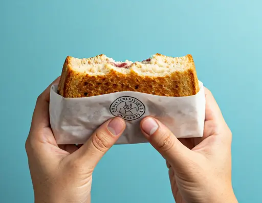 Hands holding a grilled sandwich wrapped in custom-printed sandwich paper with a logo, displayed against a pastel blue background