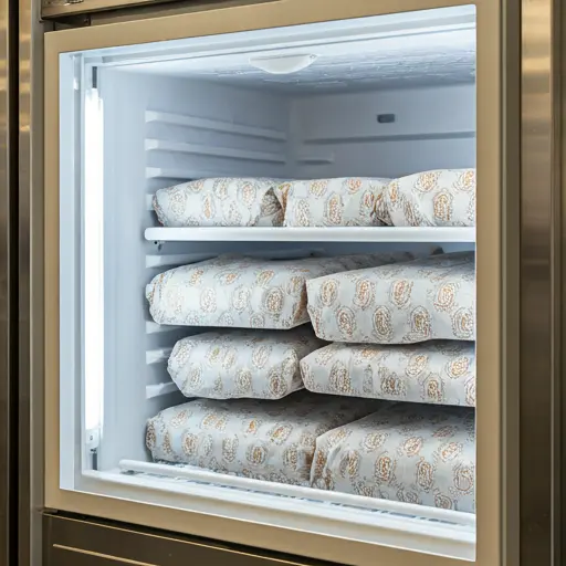 Stacks of frozen meat neatly wrapped in custom-printed freezer paper, stored in a well-lit industrial freezer