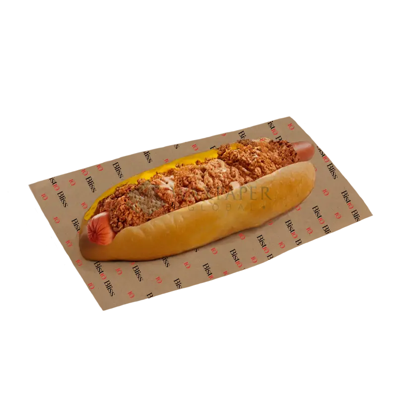 Hot dog with crushed toppings served on custom printed kraft sandwich paper with logo branding