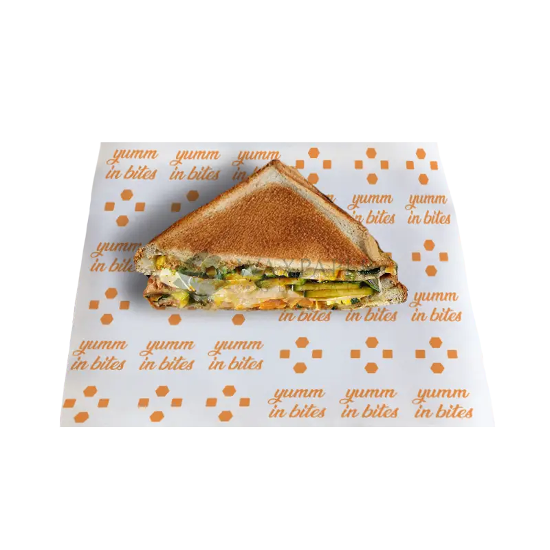 Toasted sandwich placed on custom printed sandwich paper with brand logo showcasing branding and functionality