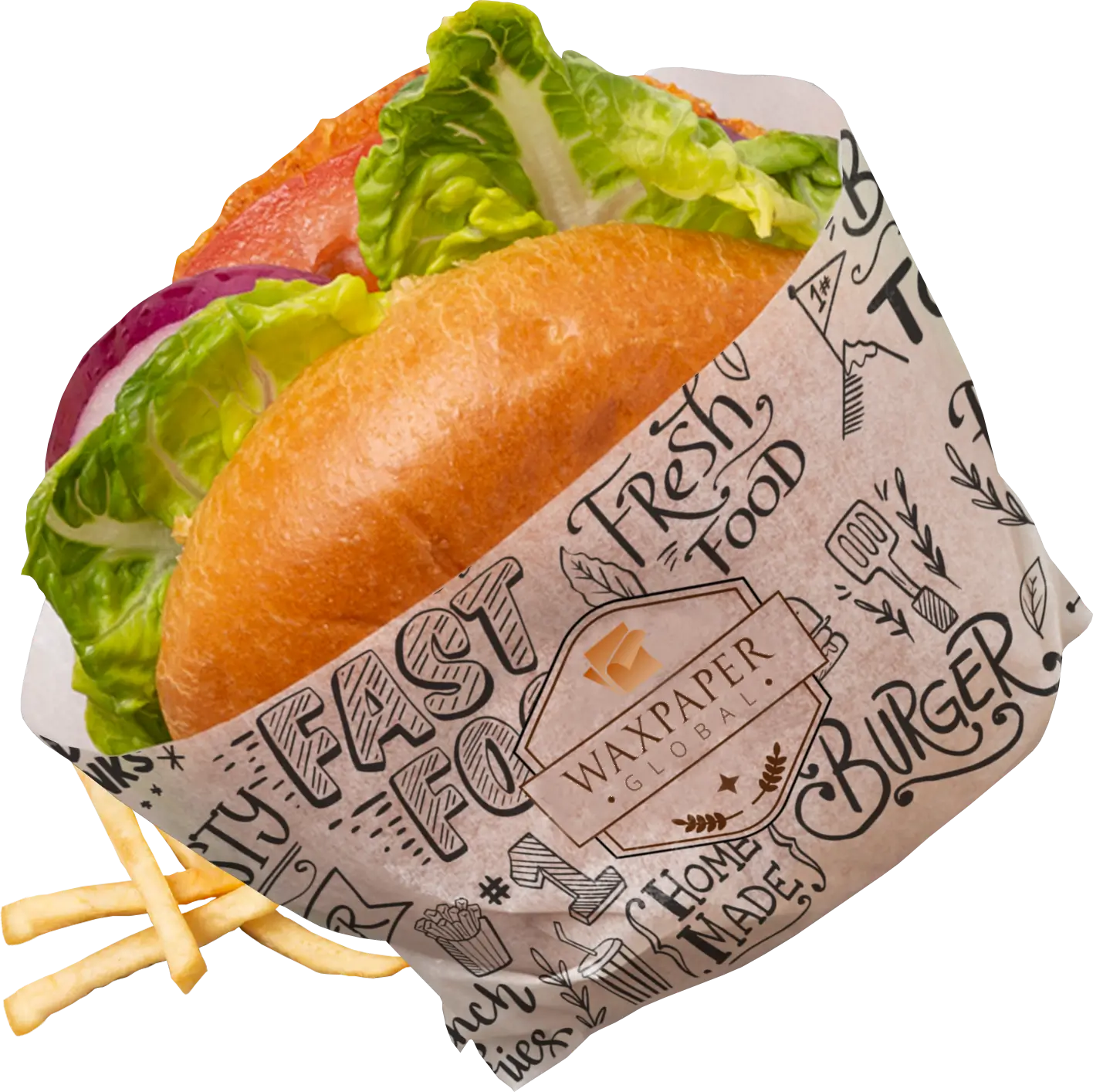 Burger wrapped in custom Wax Paper Global logo-printed wax paper